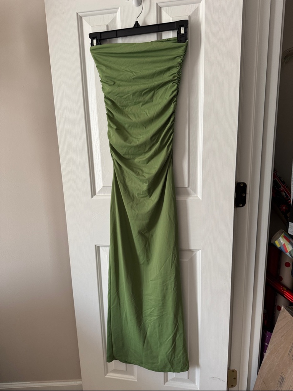 Pull&Bear Olive Green Strapless Ruched Maxi Dress